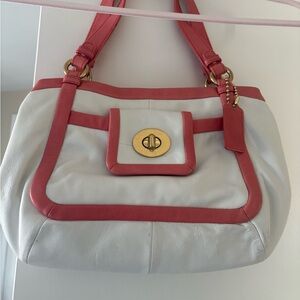 Coach White Leather Shoulder Bag with Coral Trim